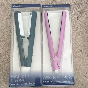 New Vivitar Mini Travel Hair Waver and Mini Travel Flat Iron Set - Teal and Pink